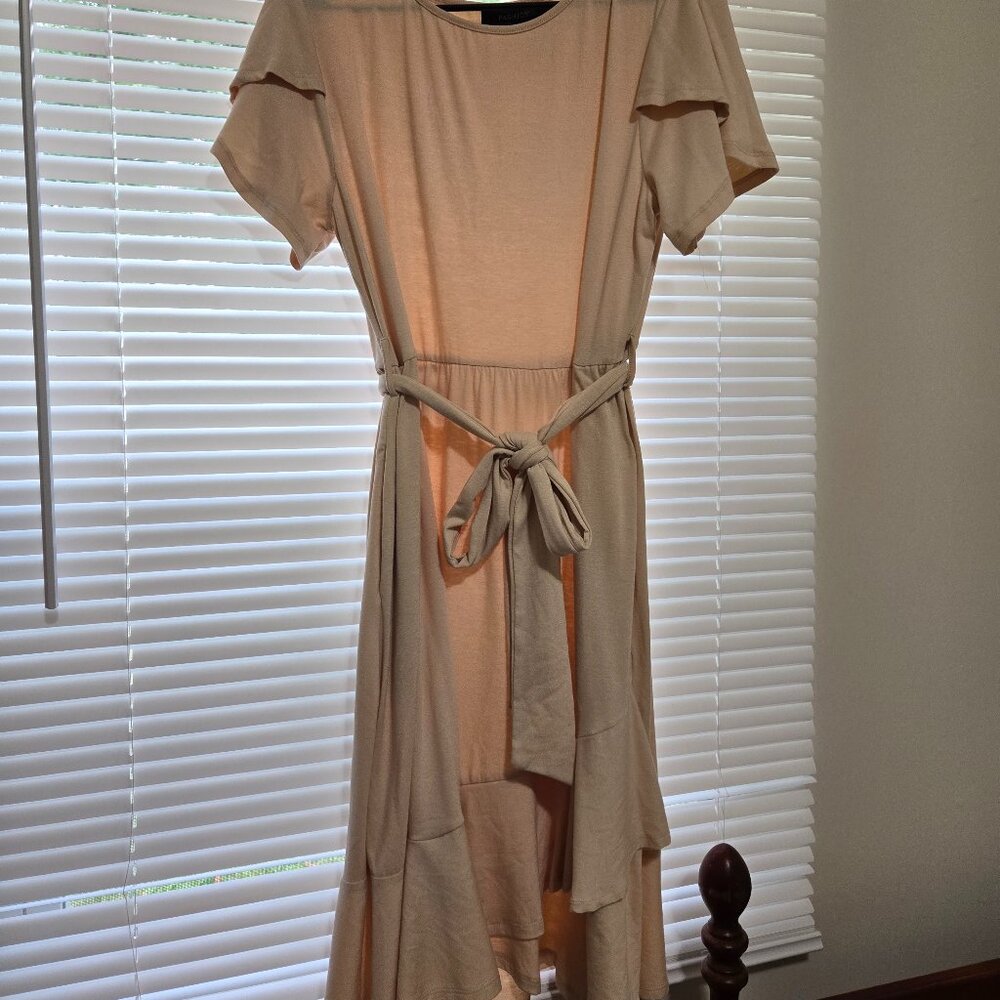 Beautiful Beige Dress with Ruffles & Tie Belt